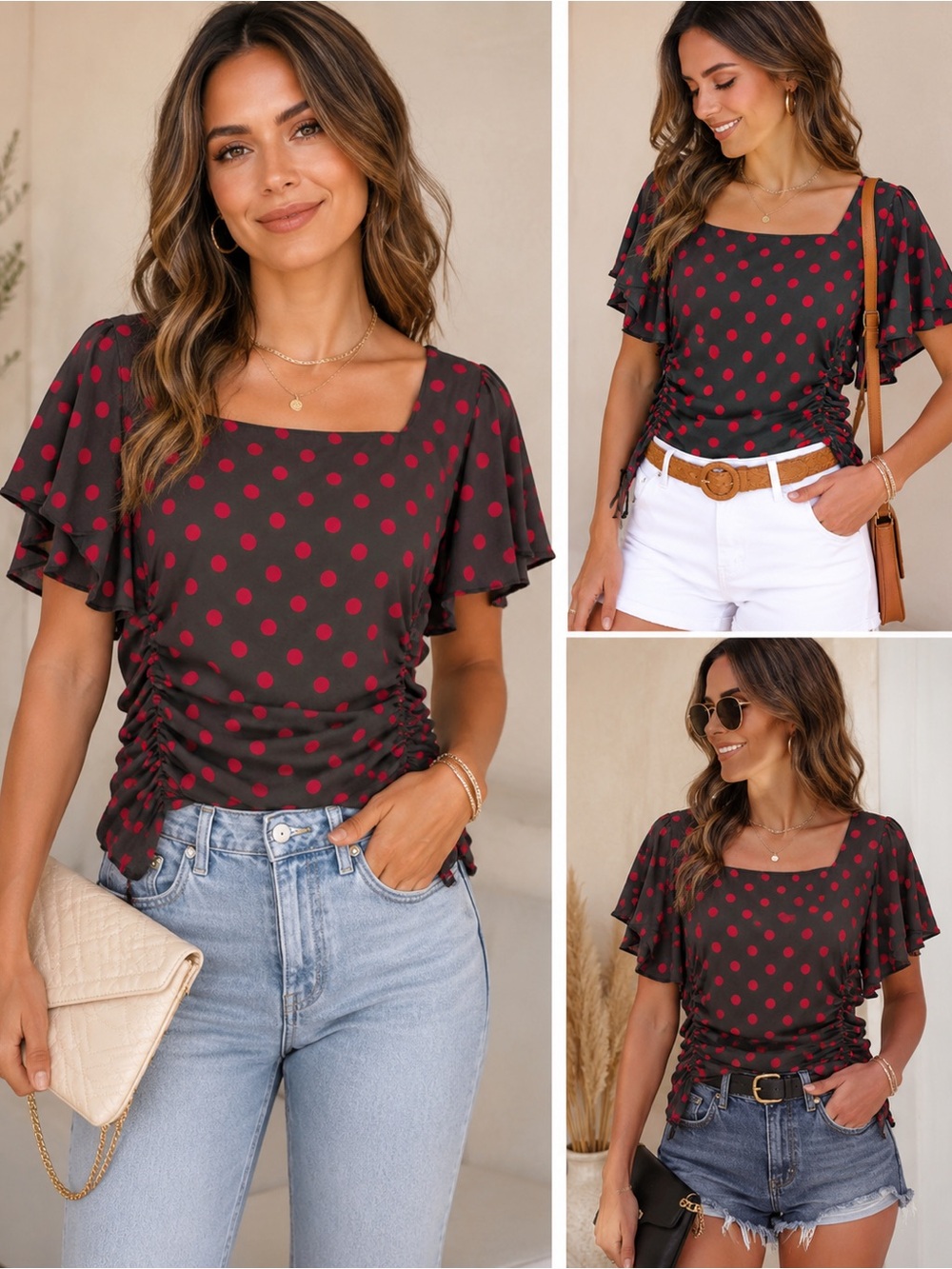 Anthropologie Amadi Polka Dot Retro Flutter Blouse Deep Chocolate Red Size L